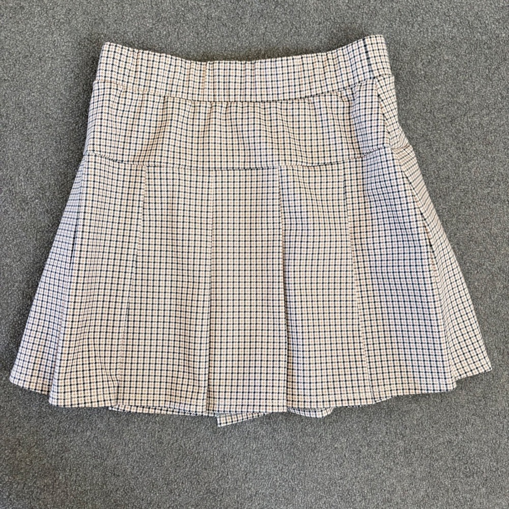 Olive & Oak Pleated Mini Skirt Womens Medium Tan Houndstooth Excellent 5T02279